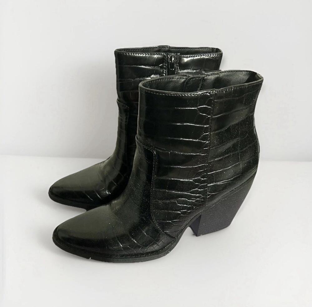 Madden Girl Women’s Black Faux Leather Ankle Booties Croc Embossed Sz 9 NEW